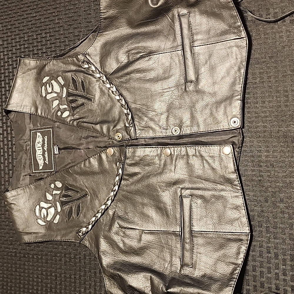 Unik Leather Apparels Black Leather Vest with Floral Design